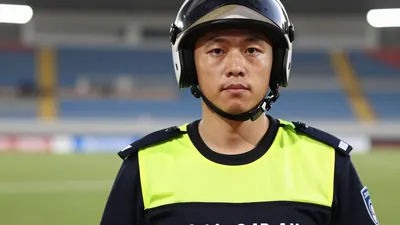 A tight crop of a young, athletic-looking security officer in his mid-30s, wearing a black and yellow jersey with a...