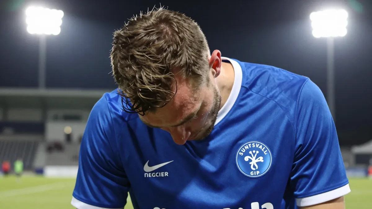 A frustrated GIF Sundsvall player in a blue shirt with his head down after a 1-0 loss in the Swedish Cup