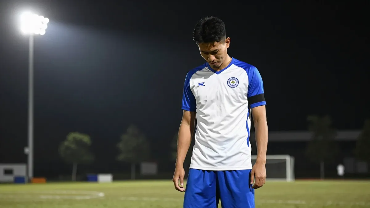 A 25-year-old male football player with a athletic build, wearing a blue and white kit, looking disappointed after...