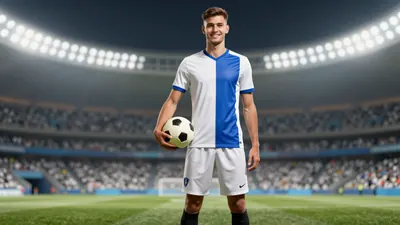 A 22-year-old, tall, and lean midfielder with short brown hair and a friendly smile, wearing a white and blue football...