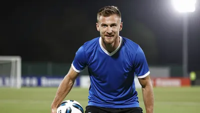 A photorealistic image of an anonymous GIF Sundsvall player, aged 25-30, wearing a blue jersey made of smooth, unbroken...