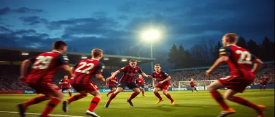 A dramatic low-angle shot of a Superettan match, Falkenberg’s blue-clad striker lunging forward to strike the ball into...